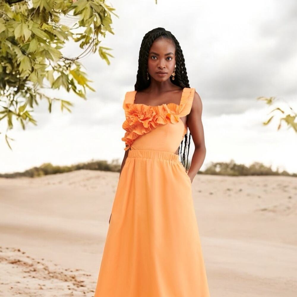 Anthropologie x Sovere Strapless Ruffle Top Maxi Dress Tangerine‎ Orange Size M